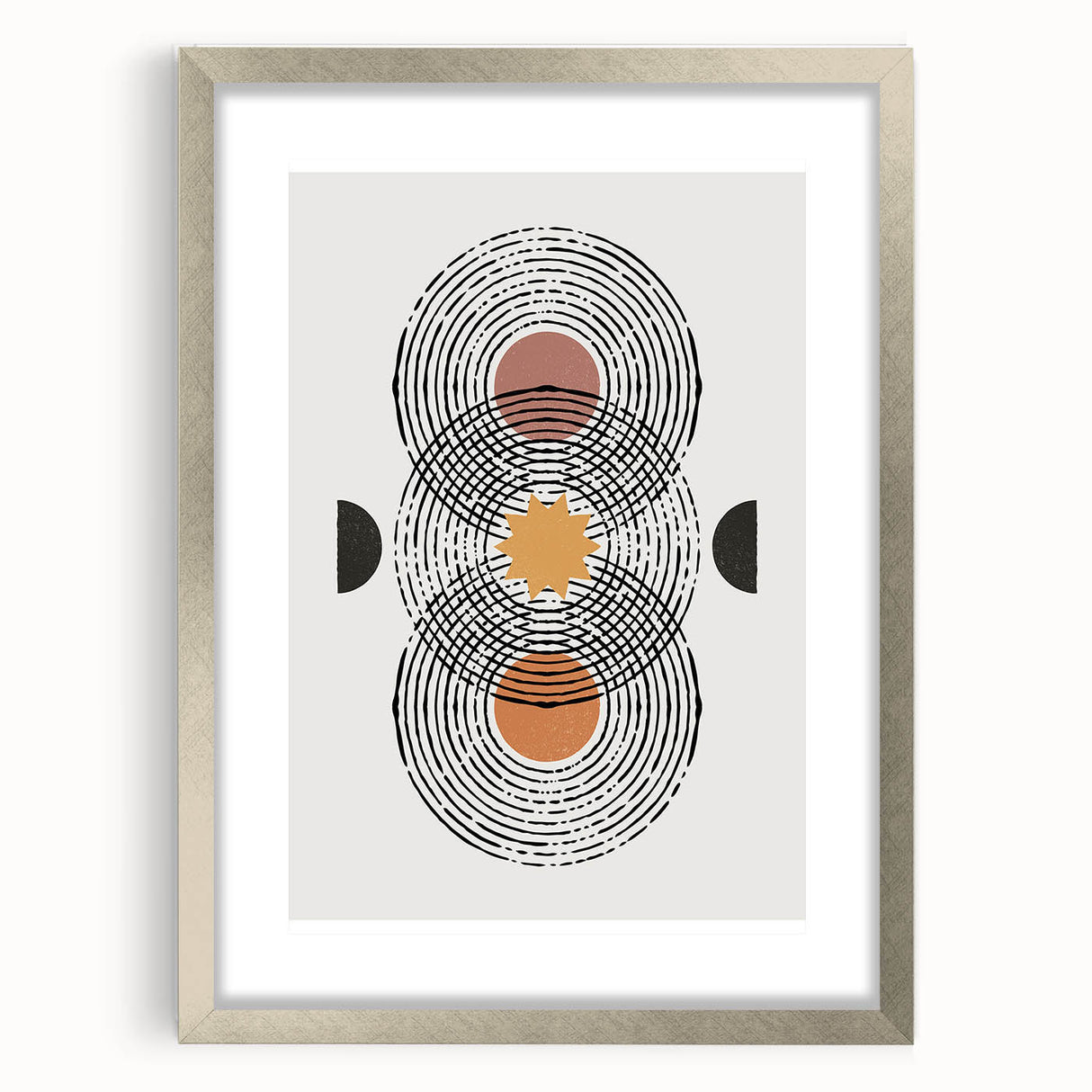 Abstract minimalist wall art design in a silver frame with a mat, showcasing a modern aesthetic. Ideal for contemporary home decor, adding elegance to any space.