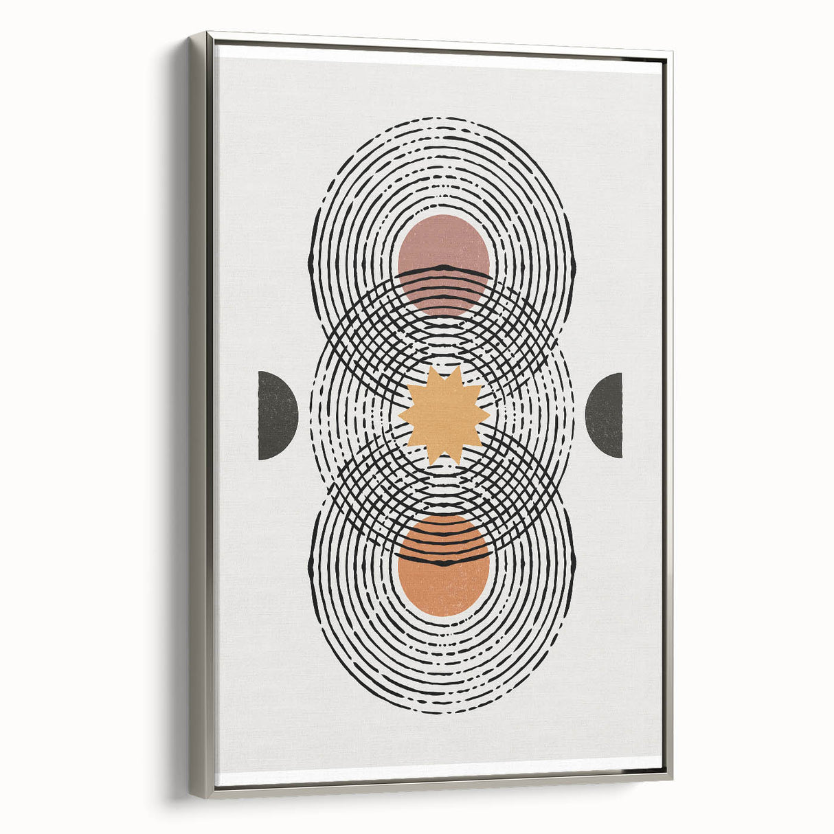 Framed minimalist wall art featuring an abstract design in silver tones, displayed from the side to showcase its sleek profile and modern aesthetic. Perfect for contemporary decor.