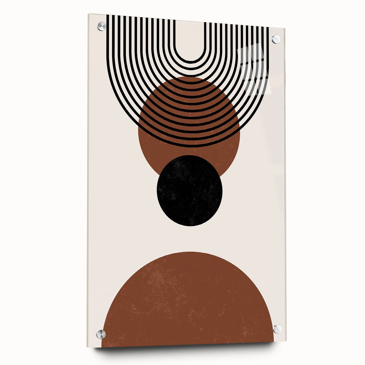 Abstract minimalist wall art collection displayed in a side view, showcasing a sleek acrylic glass frame with visible mounting pins, emphasizing its modern design.