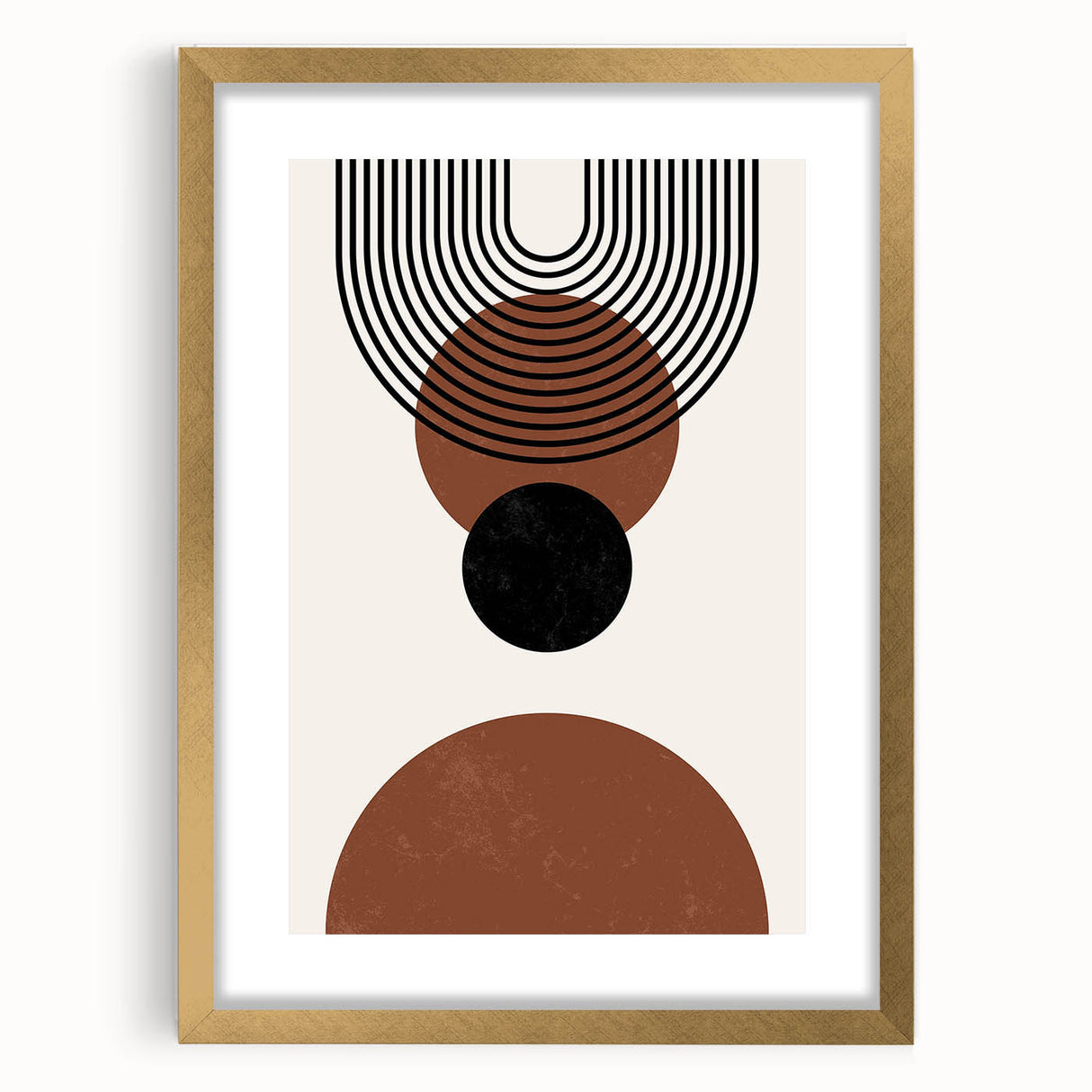 Abstract minimalist wall art design featuring a framed piece with a gold mat, showcasing soft neutral tones and geometric patterns, perfect for modern decor.
