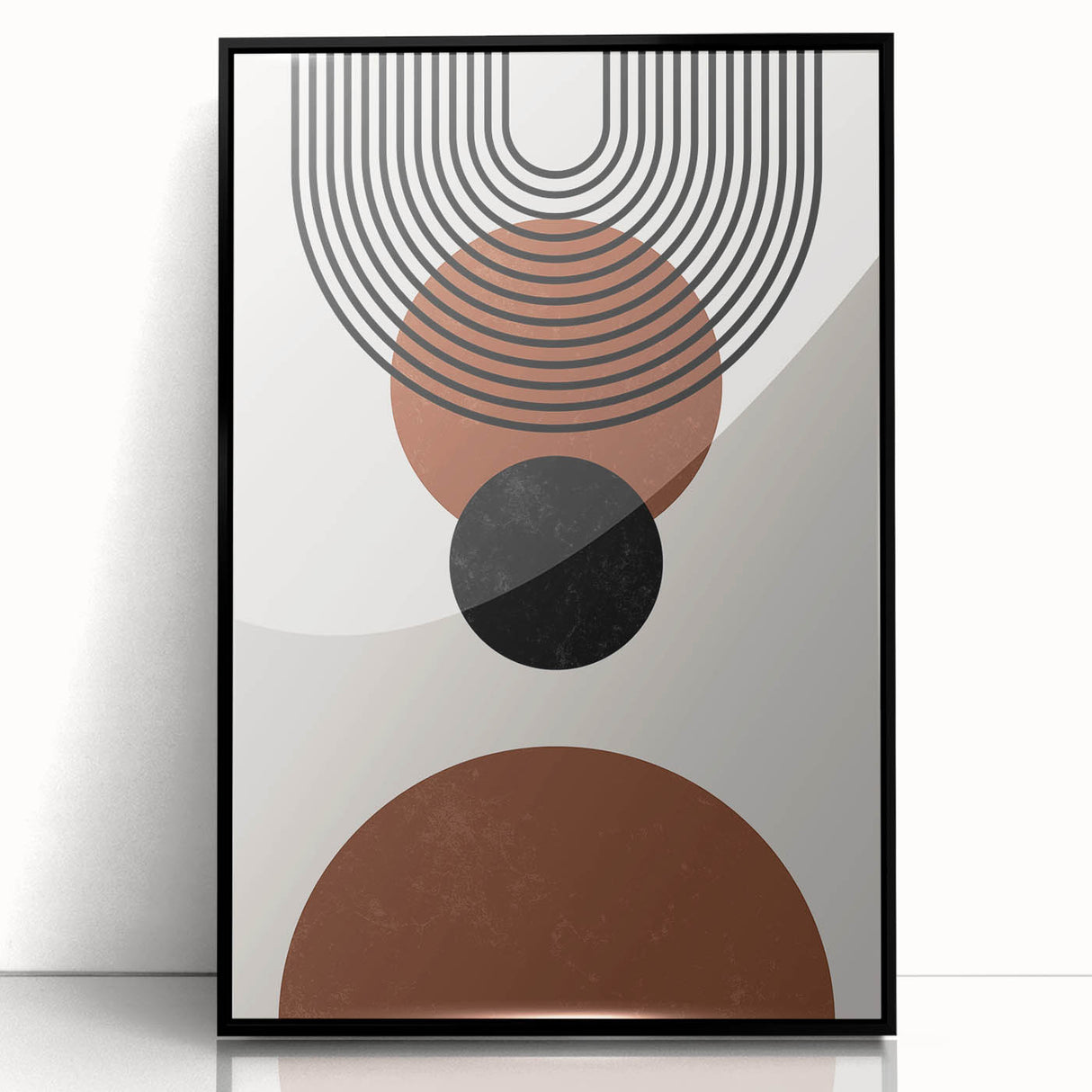 Framed minimalist abstract wall art design featuring a black acrylic frame, showcasing geometric patterns in soft neutrals and bold contrasts, perfect for modern decor.