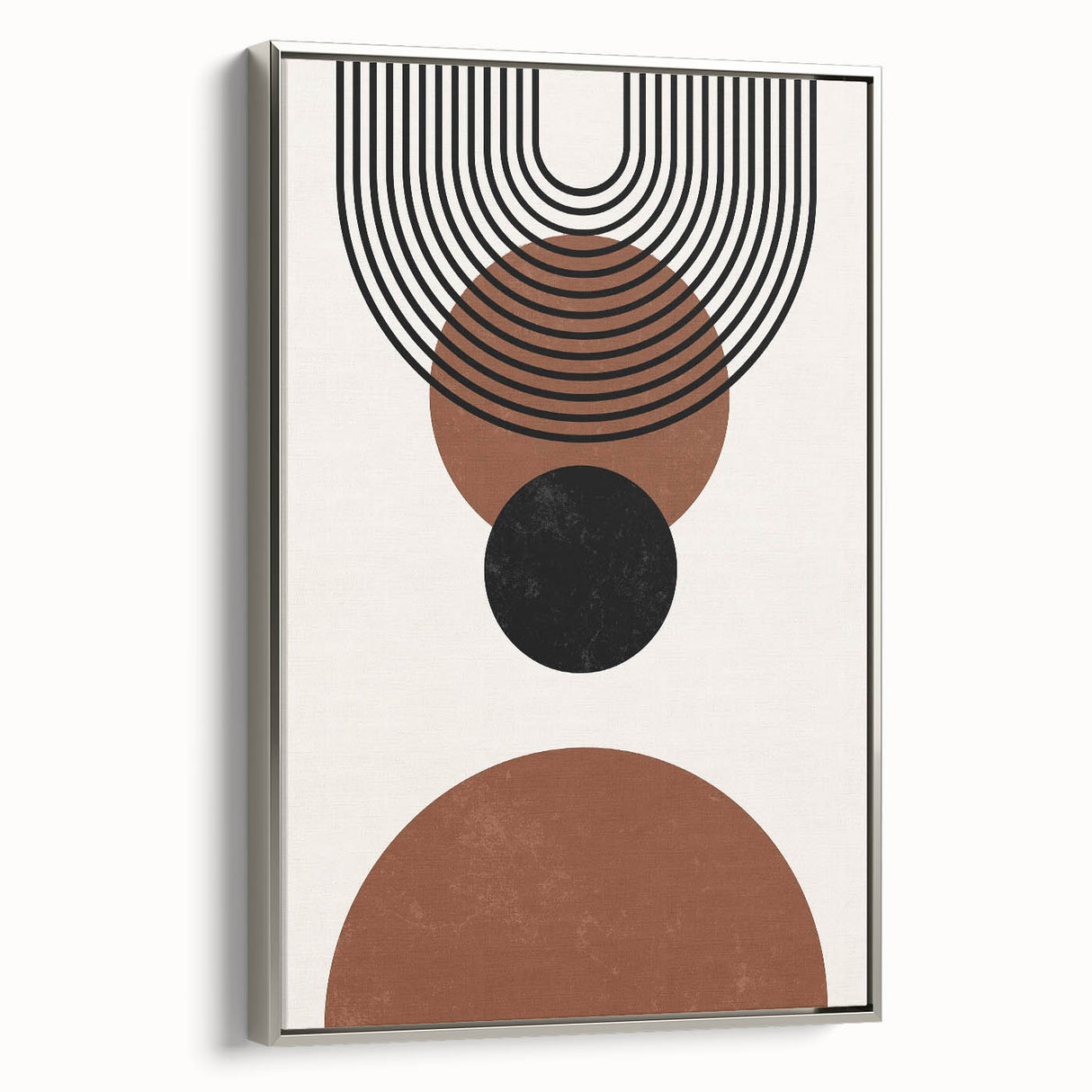 Framed canvas artwork showcasing an abstract minimalist design in silver tones, featuring a sleek side view that highlights its modern aesthetic and elegant finish.