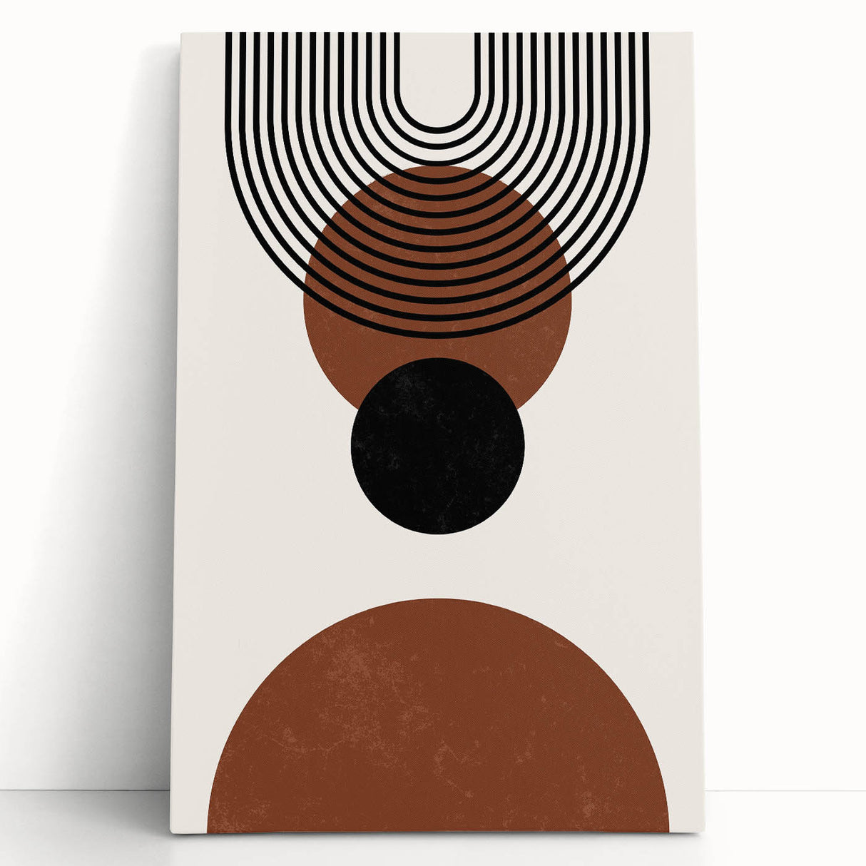 Abstract minimalist wall art design featuring a vibrant fusion of blue, orange, and yellow hues, showcased on a stretched canvas, leaning against a neutral background, perfect for contemporary decor.