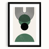 Abstract minimalist wall art collection featuring a black-framed piece with a mat, showcasing a modern design suitable for contemporary decor. Perfect for enhancing living spaces or office interiors with a stylish touch.