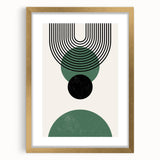 Abstract minimalist wall art design showcasing a gold-framed canvas with a mat, featuring geometric patterns and soft neutral tones, perfect for modern decor.