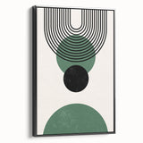 Framed black abstract minimalist wall art featuring geometric shapes and soft curves, showcased in a stylish side view against a neutral background. Perfect for modern home decor.