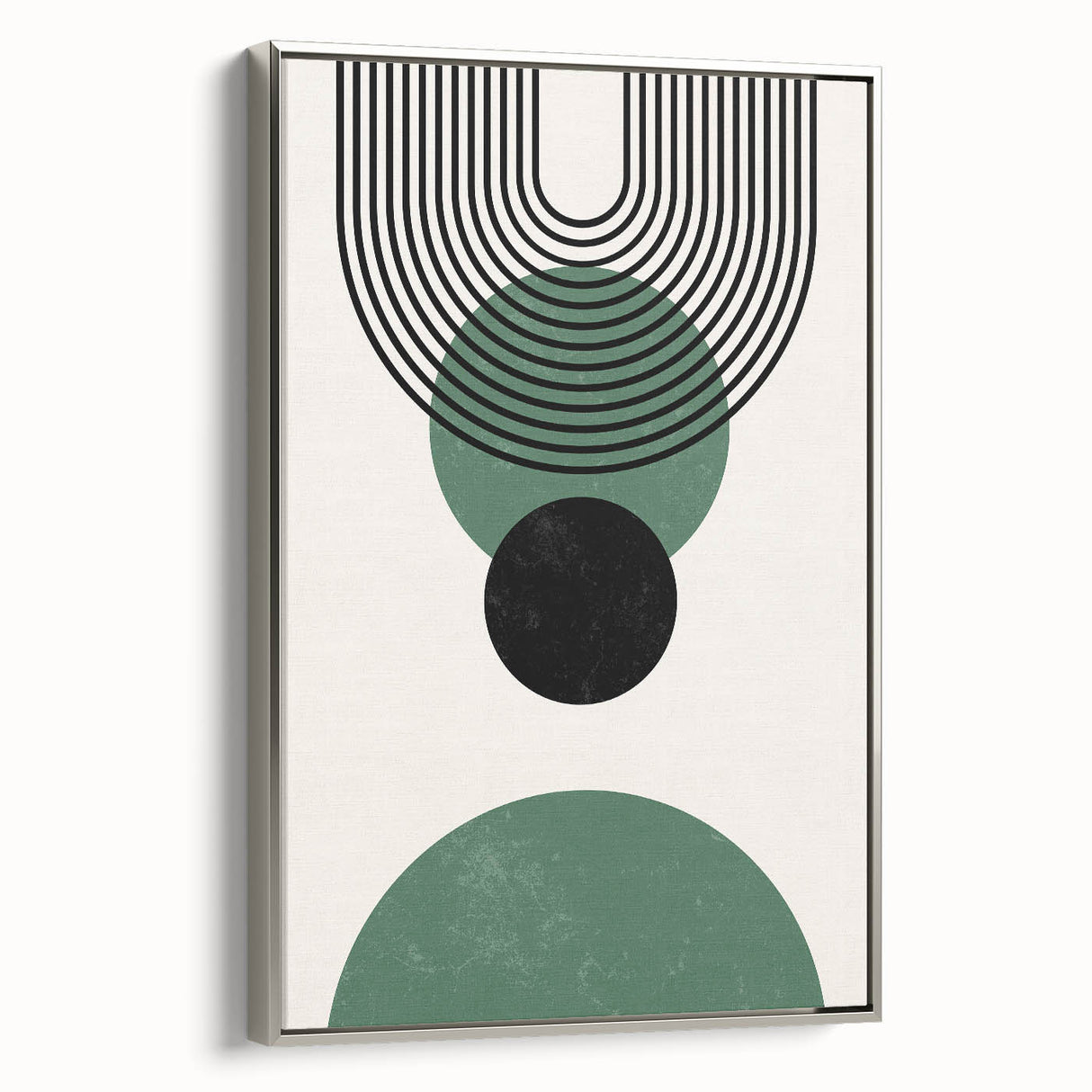 Framed canvas artwork showcasing an abstract minimalist design in muted tones, featuring a silver frame, viewed from the side, perfect for modern decor.