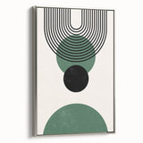 Framed canvas artwork showcasing an abstract minimalist design in muted tones, featuring a silver frame, viewed from the side, perfect for modern decor.