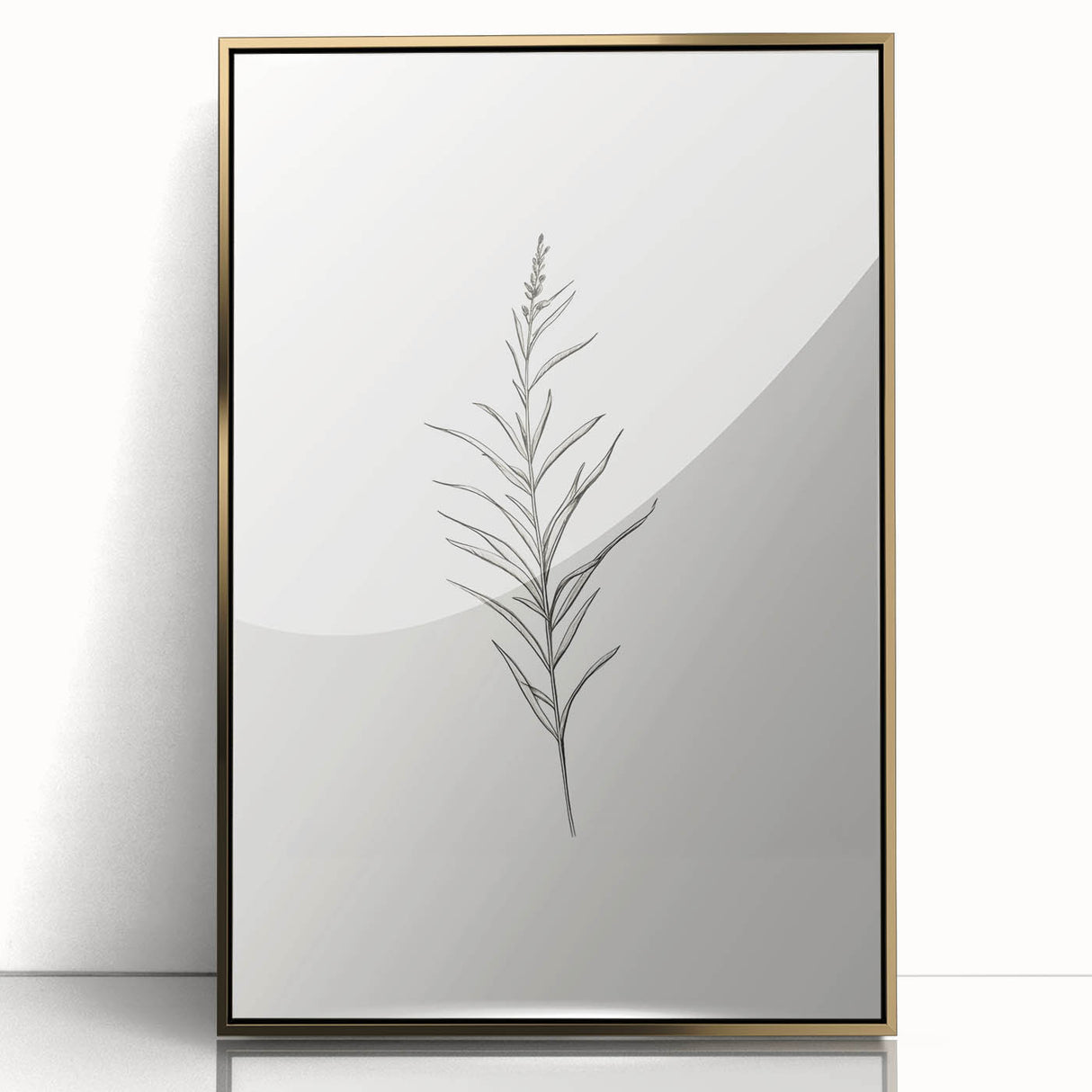 Framed abstract minimalist wall art design featuring elegant gold accents, showcasing a sleek acrylic finish that enhances modern decor.