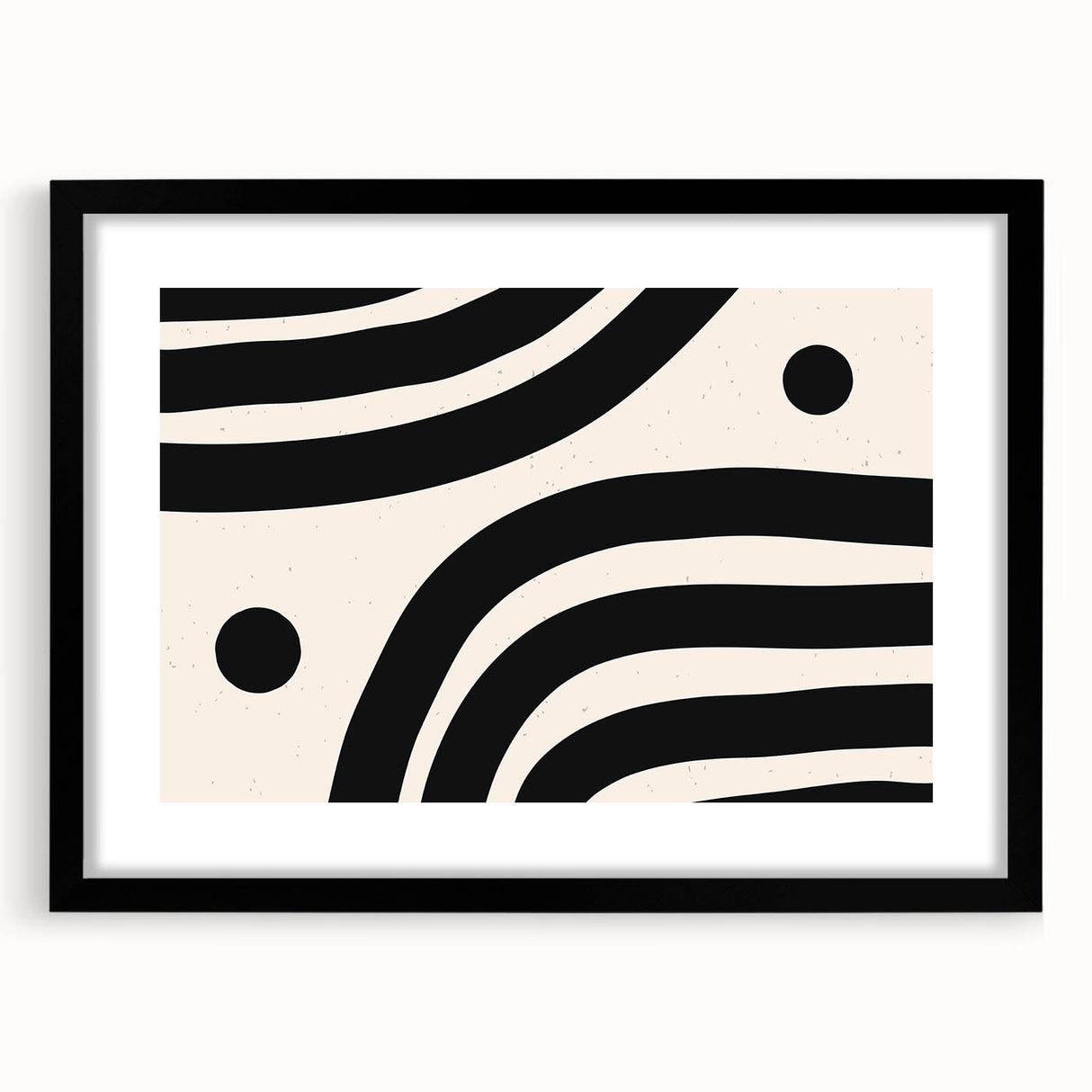 Abstract minimalist wall art design featuring a sleek black frame and mat, showcasing geometric shapes and neutral tones, ideal for modern home decor.