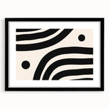 Abstract minimalist wall art design featuring a sleek black frame and mat, showcasing geometric shapes and neutral tones, ideal for modern home decor.