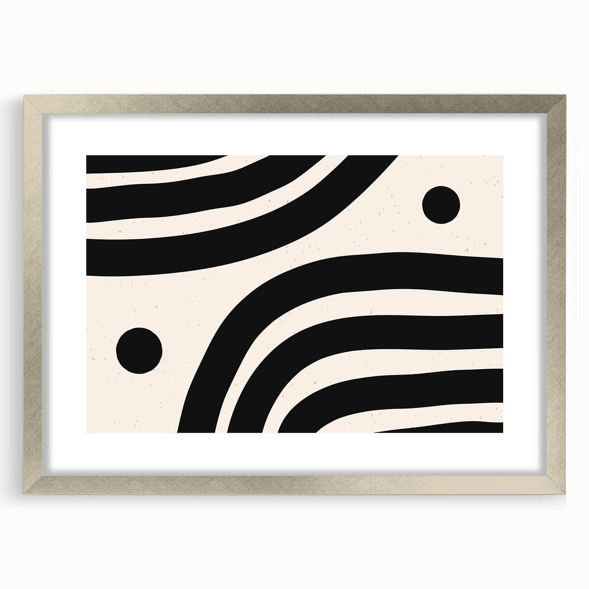 Abstract minimalist wall art collection in a silver frame with mat, showcasing geometric patterns and soft color tones, ideal for modern home decor.