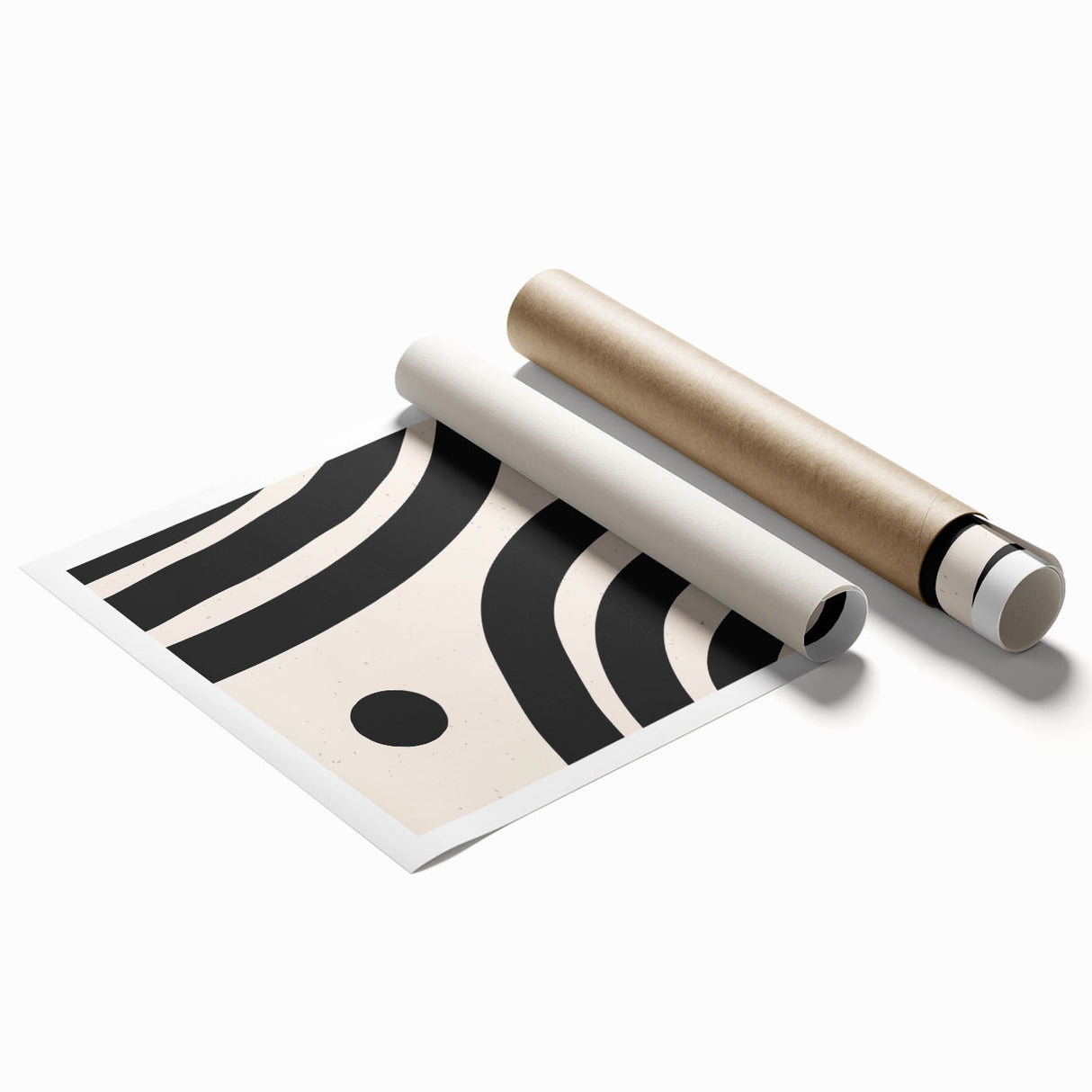 Abstract minimalist design featuring soft pastel colors in a geometric pattern, showcasing a rolled art print ideal for modern home decor, elegantly packaged in a protective tube.