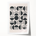 Abstract minimalist wall art print showcasing a colorful geometric design with vibrant hues of blue, orange, and yellow, rolled for easy display and shipping.