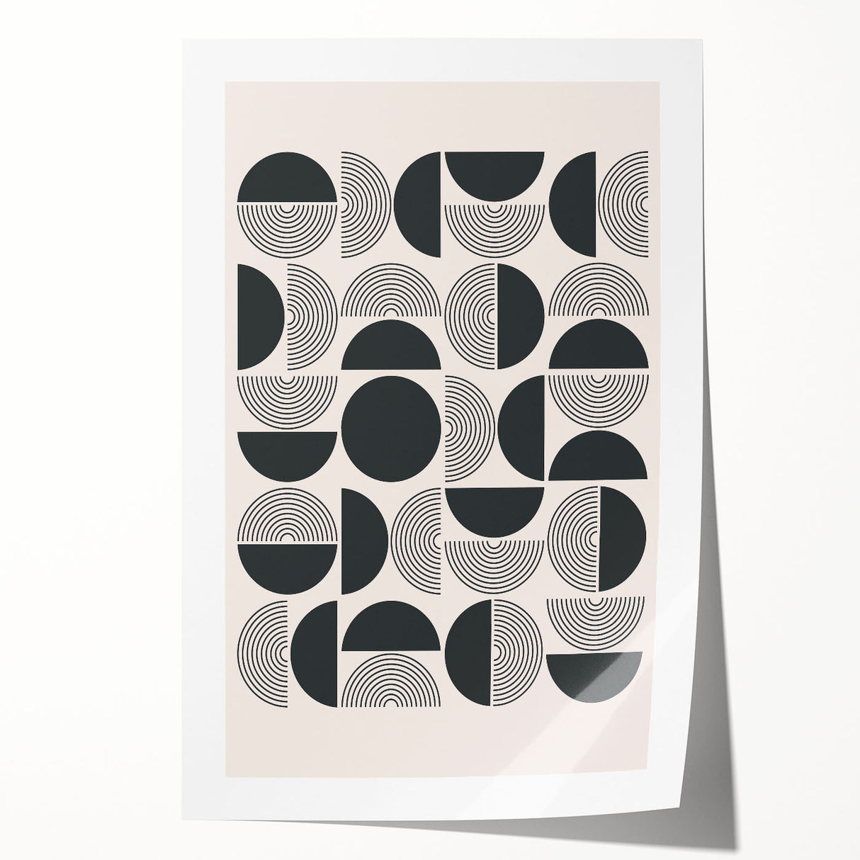 Abstract minimalist wall art print showcasing a colorful geometric design with vibrant hues of blue, orange, and yellow, rolled for easy display and shipping.