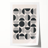 Abstract minimalist wall art print showcasing a colorful geometric design with vibrant hues of blue, orange, and yellow, rolled for easy display and shipping.