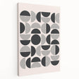 Abstract minimalist wall art design featuring a colorful geometric pattern on stretched canvas, showcasing vibrant hues of blue, orange, and yellow. Perfect for modern home decor.
