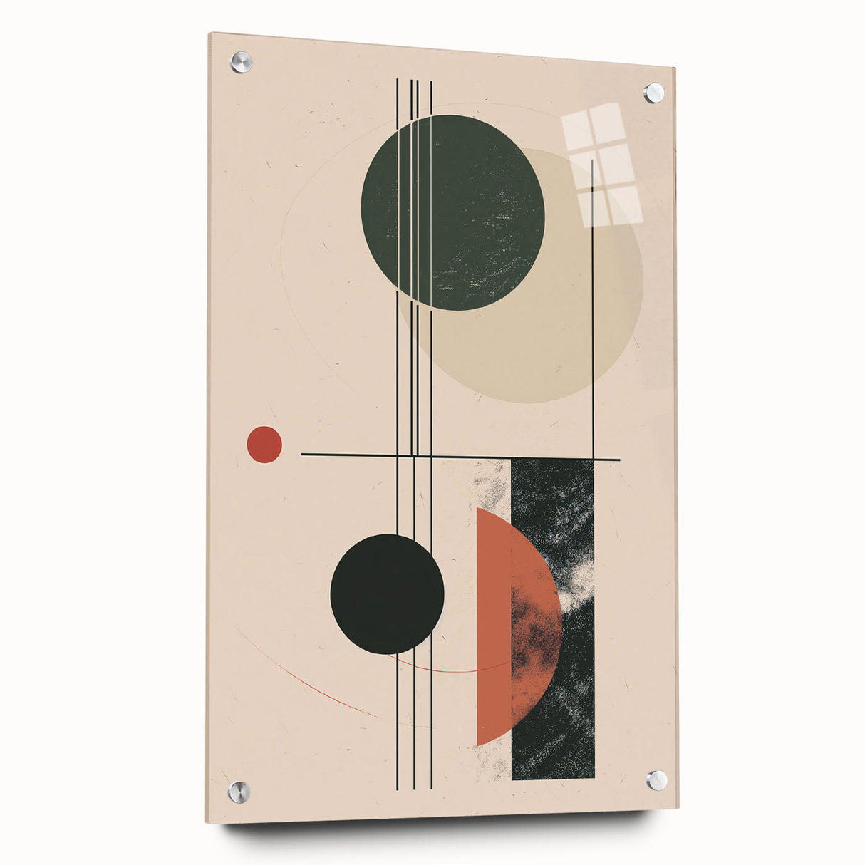 Acrylic glass wall art showcasing abstract minimalist design in vibrant colors, elegantly mounted with pins, ideal for modern home decor. Perfect for enhancing contemporary interiors.