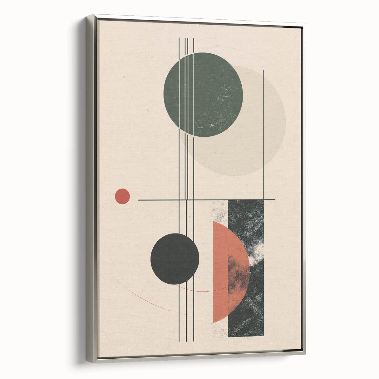 Framed canvas artwork showcasing an abstract minimalist design with silver accents, displayed in a stylish side view, perfect for modern home decor.
