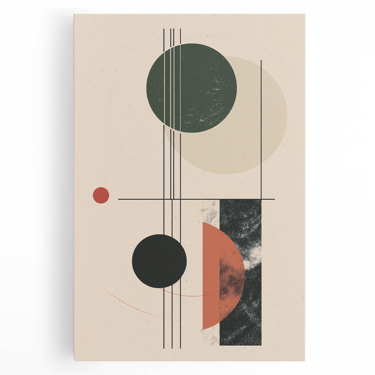 Abstract minimalist wall art collection featuring a stretched canvas with a vibrant interplay of colors and geometric shapes, perfect for modern decor. Ideal for adding a touch of sophistication to any living space or office.
