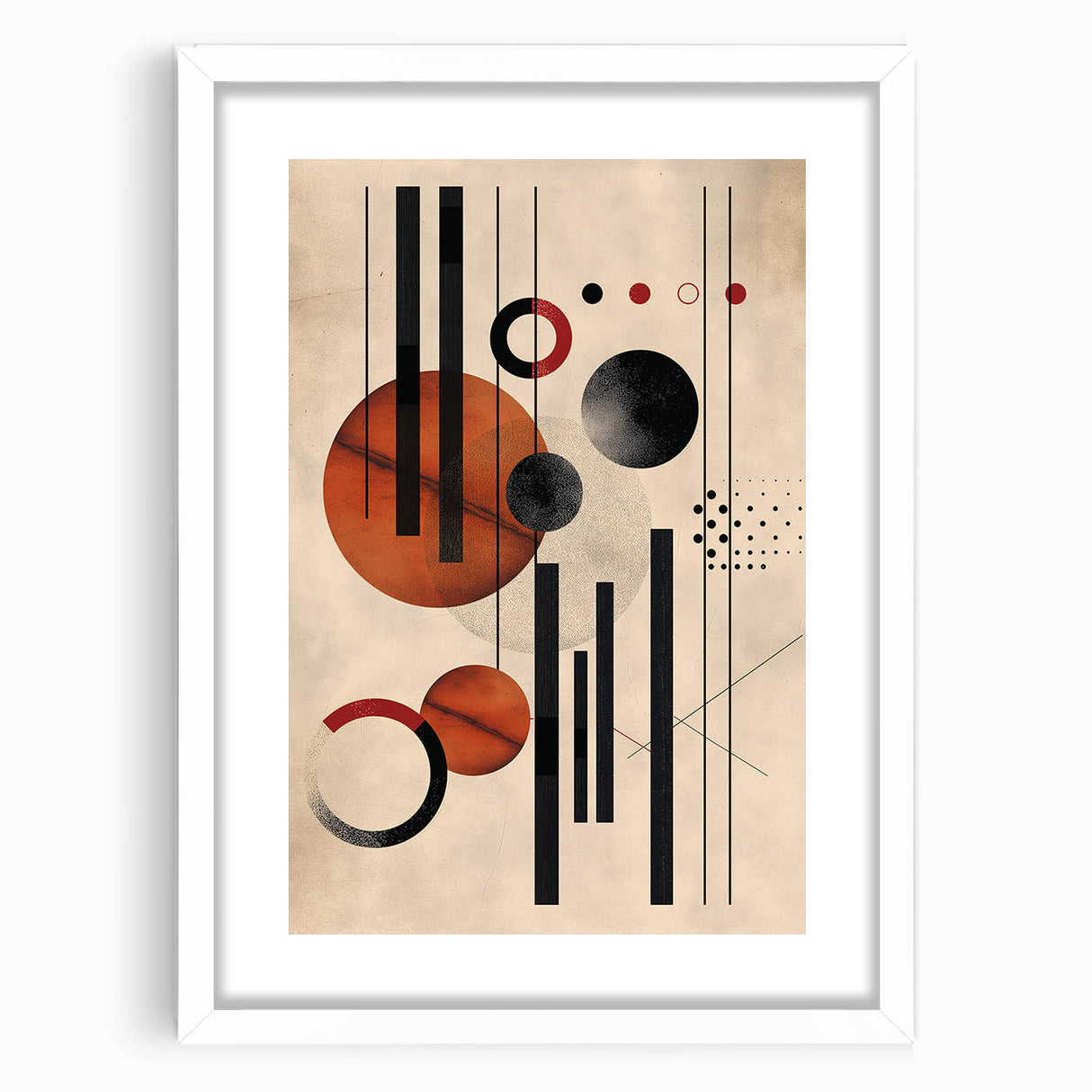 Minimalist abstract wall art design featuring a sleek white frame and mat, showcasing geometric patterns in soft pastel colors, perfect for modern home decor.