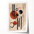 Abstract minimalist wall art print showcasing a vibrant interplay of geometric shapes in shades of blue and orange, rolled and ready for display. Perfect for modern home decor.