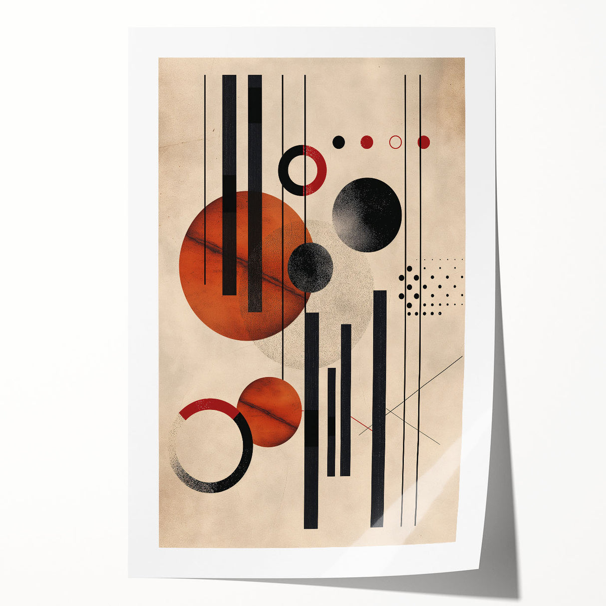 Abstract minimalist wall art print showcasing a vibrant interplay of geometric shapes in shades of blue and orange, rolled and ready for display. Perfect for modern home decor.