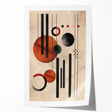 Abstract minimalist wall art print showcasing a vibrant interplay of geometric shapes in shades of blue and orange, rolled and ready for display. Perfect for modern home decor.