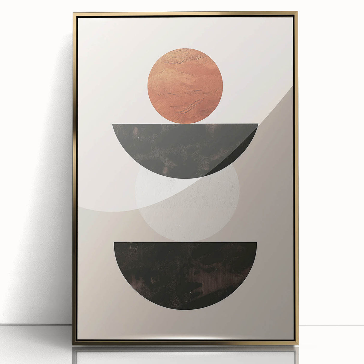 Framed abstract minimalist wall art design featuring a gold-accented acrylic finish, ideal for modern home decor, showcasing a sleek and elegant front view.