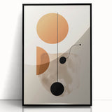 Framed abstract minimalist wall art design featuring a sleek black acrylic frame, showcasing geometric shapes and subtle color contrasts for modern decor enhancement.