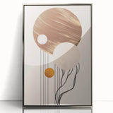 Framed abstract minimalist wall art showcasing a silver-acrylic finish, featuring geometric shapes and soft, neutral colors, ideal for contemporary home decor.