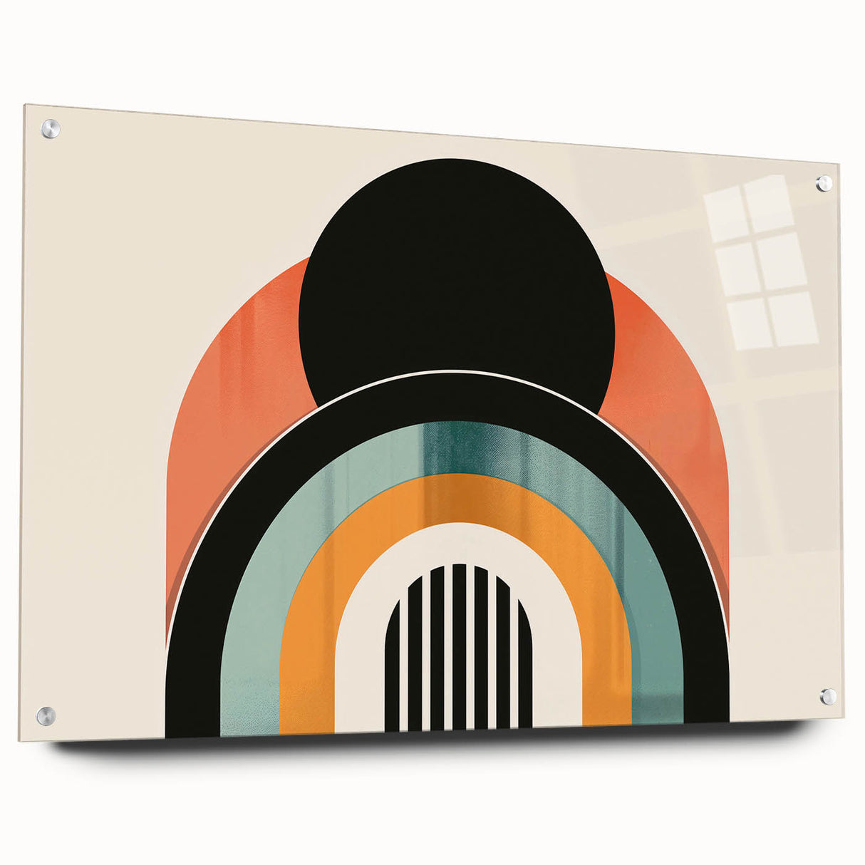 Abstract minimalist design wall art collection displayed in an acrylic glass frame, showcasing geometric shapes in soft pastel colors, ideal for modern decor.