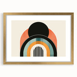 Abstract minimalist wall art design featuring a gold frame with a mat, displayed from the front. The artwork showcases elegant geometric shapes and soft colors, ideal for modern decor. Perfect for enhancing living spaces or offices with a touch of sophistication.