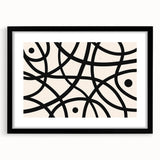Abstract minimalist wall art collection framed in black with a white mat, showcasing geometric shapes and soft colors. Ideal for contemporary home decor.