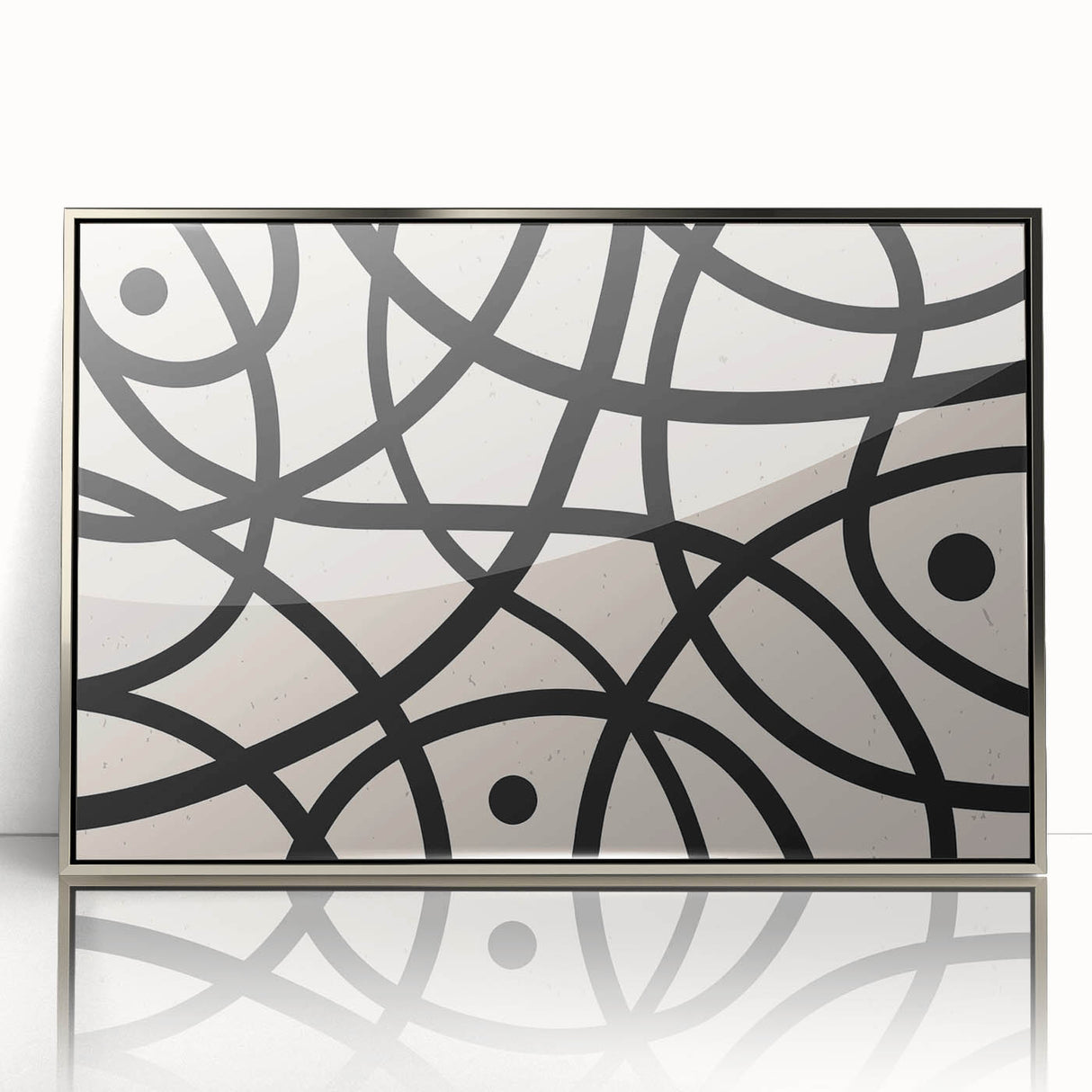 Framed abstract minimalist wall art design in silver acrylic, showcasing geometric shapes and soft color palette, perfect for modern home decor.