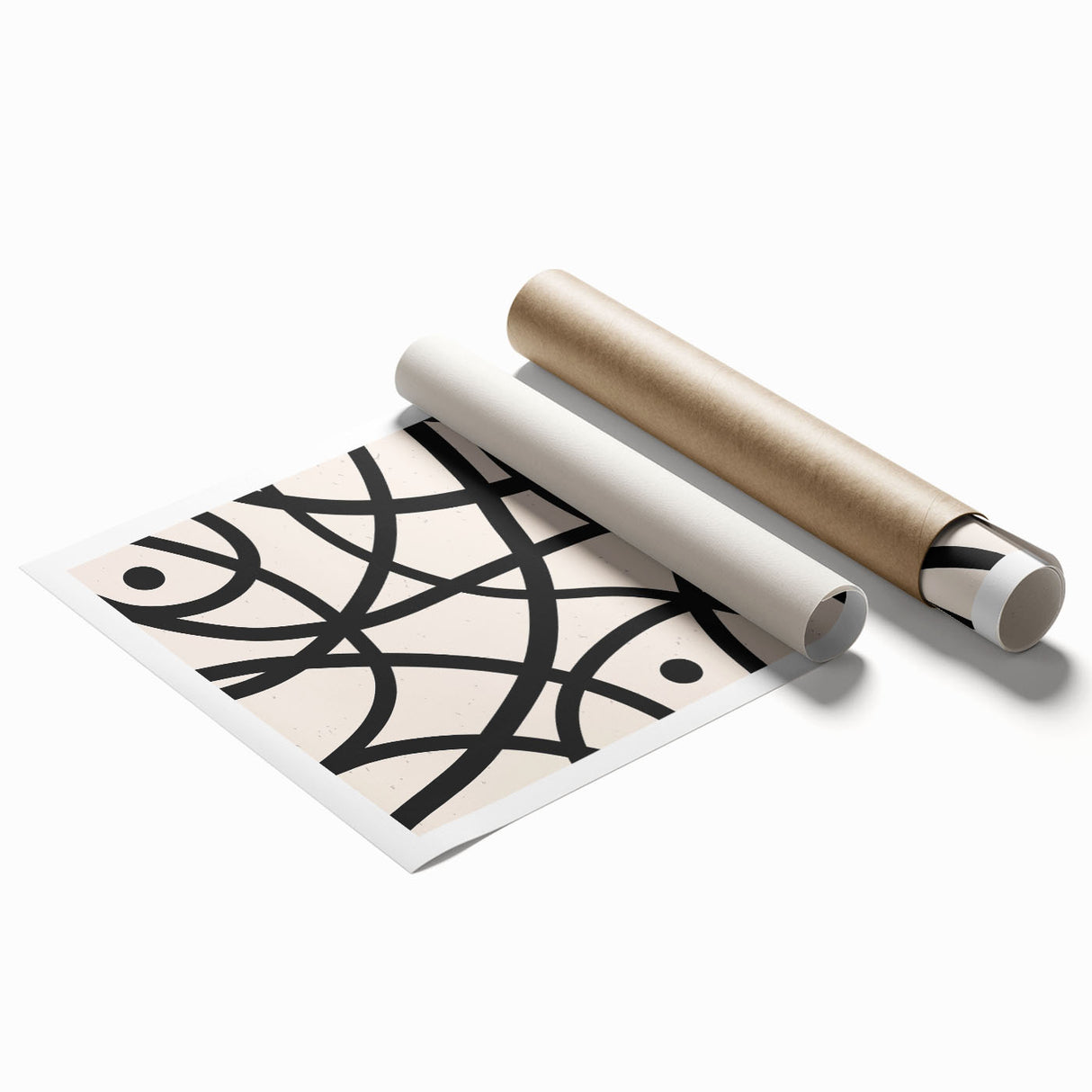 Abstract minimalist design wall art print featuring soft pastel colors and geometric shapes, elegantly rolled and ready for display in a modern setting.
