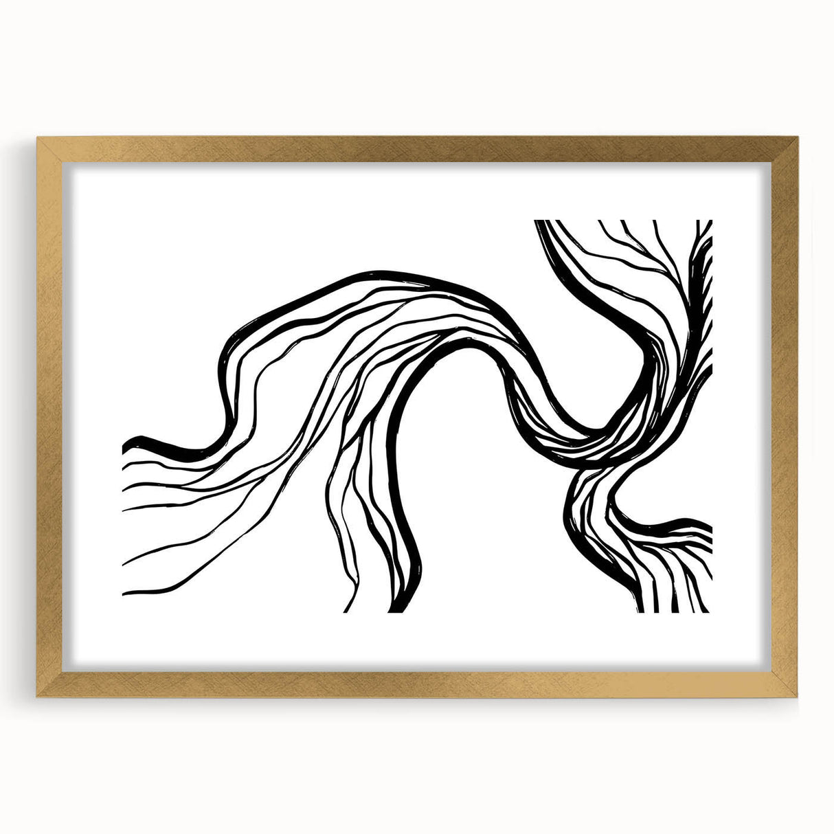 Abstract minimalist wall art featuring a gold-framed design with a mat, showcasing geometric shapes and soft color palette, ideal for modern decor.