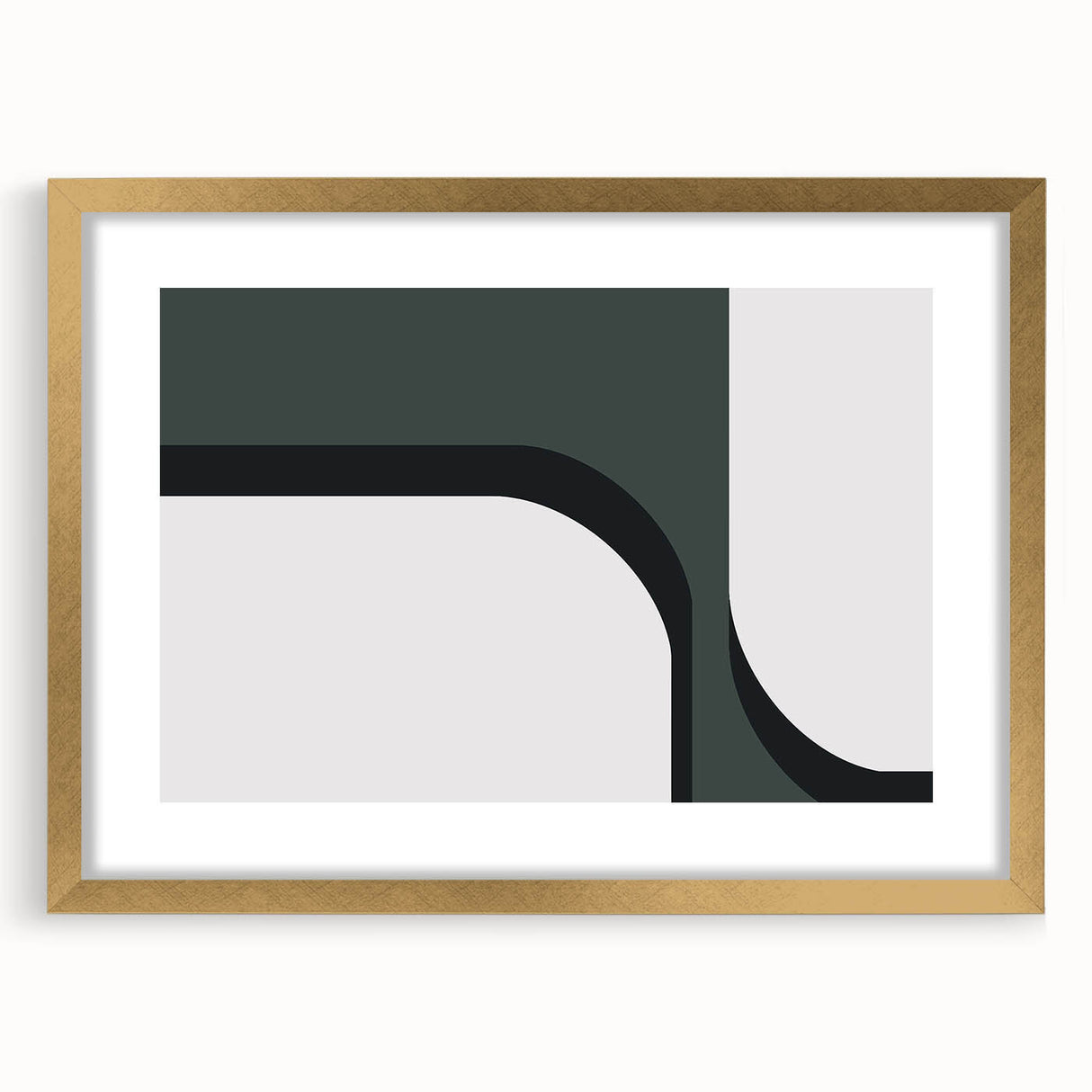 Abstract minimalist wall art design featuring a gold-framed piece with a mat, showcasing elegant geometric shapes and soft colors, perfect for modern decor.