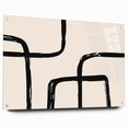 Abstract minimalist wall art collection showcasing vibrant colors and geometric patterns mounted on acrylic glass, displayed from a side view with visible mounting pins, ideal for modern decor.