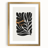 Abstract minimalist wall art showcasing a gold-framed design with a mat, highlighting a modern aesthetic perfect for contemporary decor in living spaces.
