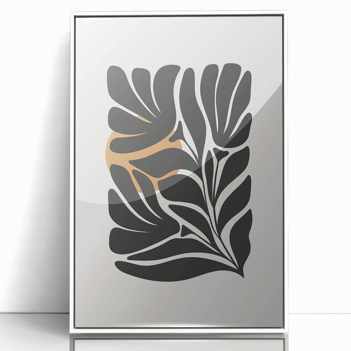 Framed abstract minimalist wall art design featuring a white background with geometric shapes in soft pastel colors, ideal for modern home decor.