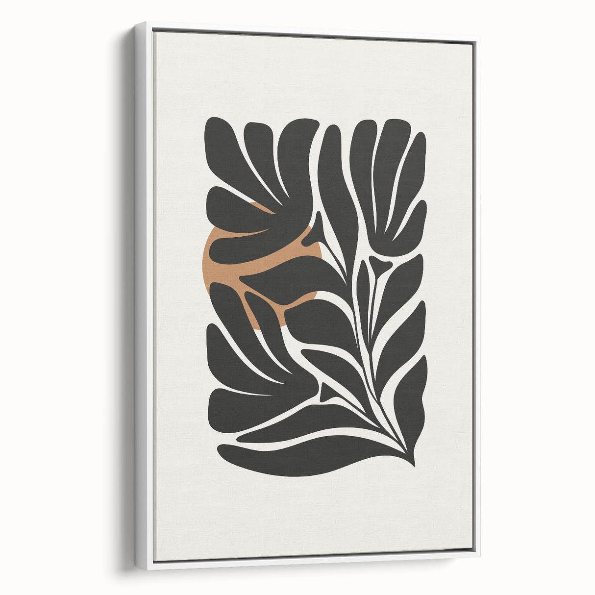 Framed canvas wall art showcasing an abstract minimalist design in a chic white frame, viewed from the side. Ideal for modern home decor and artistic spaces.