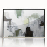 Framed acrylic wall art showcasing an abstract minimalist design in shades of silver, featuring a contemporary style perfect for modern decor.