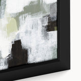 Framed abstract minimalist wall art featuring soft earth tones and geometric shapes, perfect for modern home decor, displayed in a stylish close-up view.