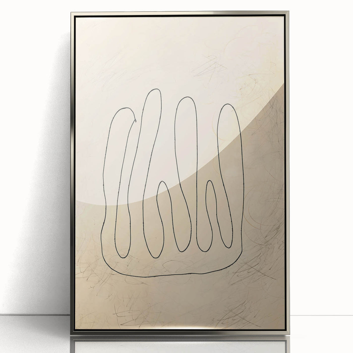 Framed abstract minimalist wall art design in silver acrylic, showcasing geometric shapes and muted colors, enhancing modern decor aesthetics.