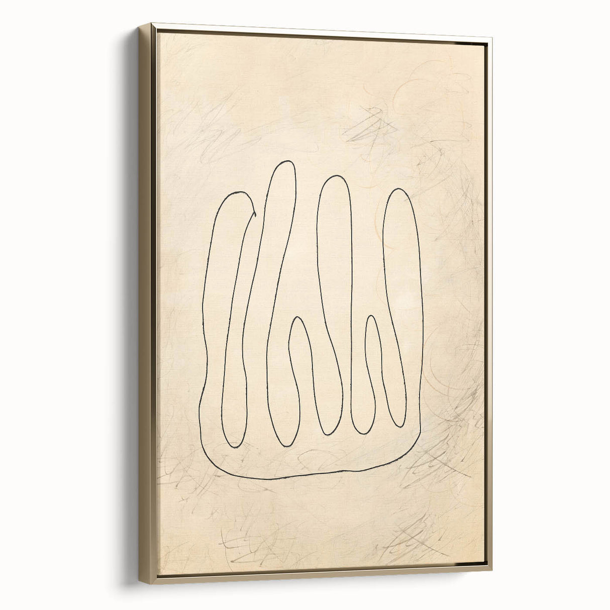 Framed minimalist wall art in gold tones, showcasing an abstract design with fluid shapes and lines, perfect for modern decor.