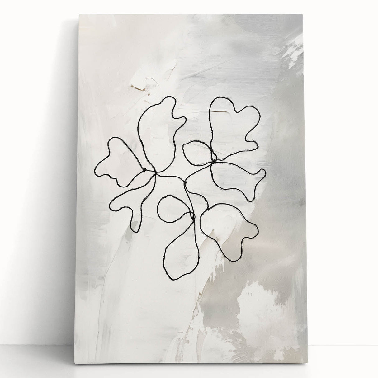 Abstract minimalist wall art design on stretched canvas, showcasing subtle earth tones and geometric shapes, perfect for modern decor.