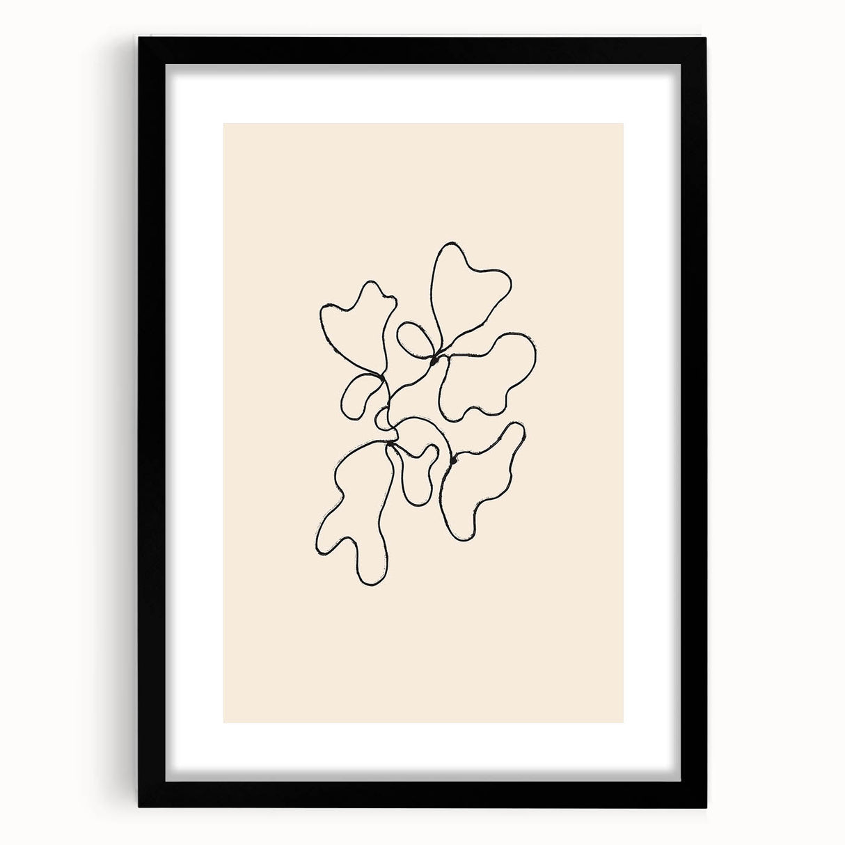Framed abstract minimalist wall art design featuring a black and white color scheme, elegantly displayed with a mat for a modern aesthetic.