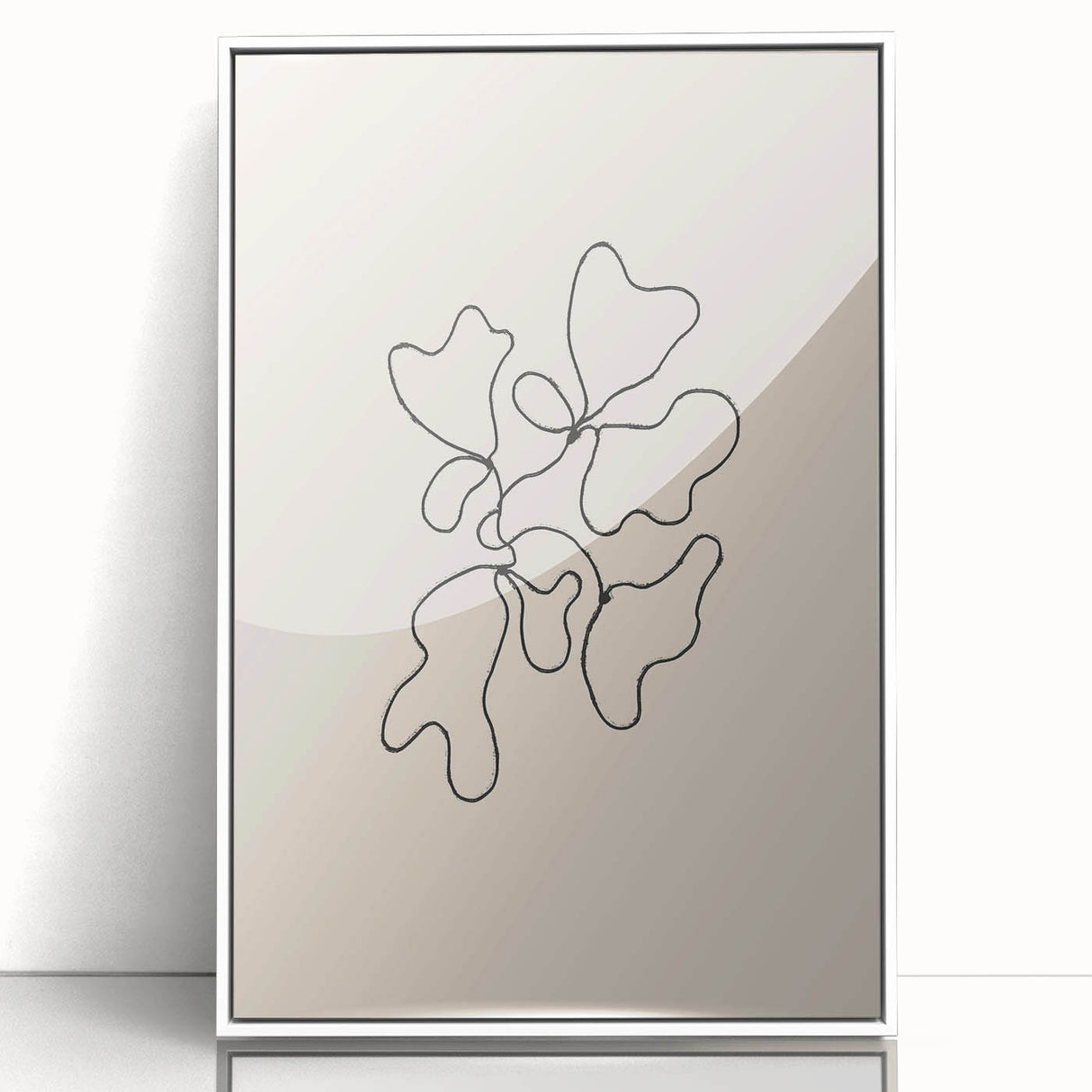 Framed abstract minimalist wall art design showcasing geometric shapes in soft pastel colors, displayed against a white background.
