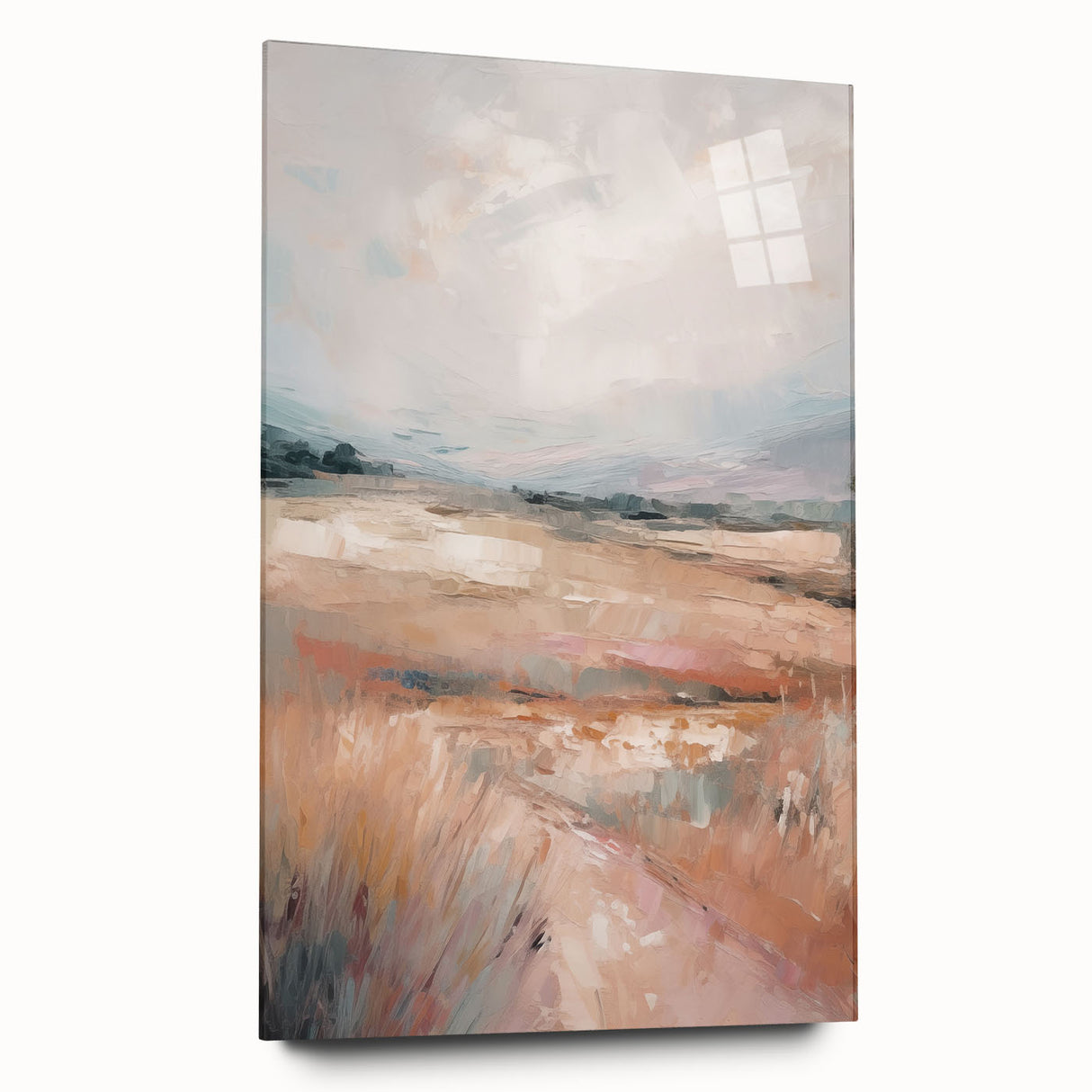 Abstract minimalist wall art collection displayed on acrylic glass, showcasing soft pastel colors and modern geometric shapes, perfect for contemporary decor.